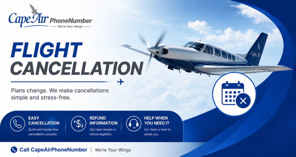 Cape Air Phone Number flight cancellation support banner showing airplane, easy cancellation service, refund assistance, and customer support for airline ticket cancellations.