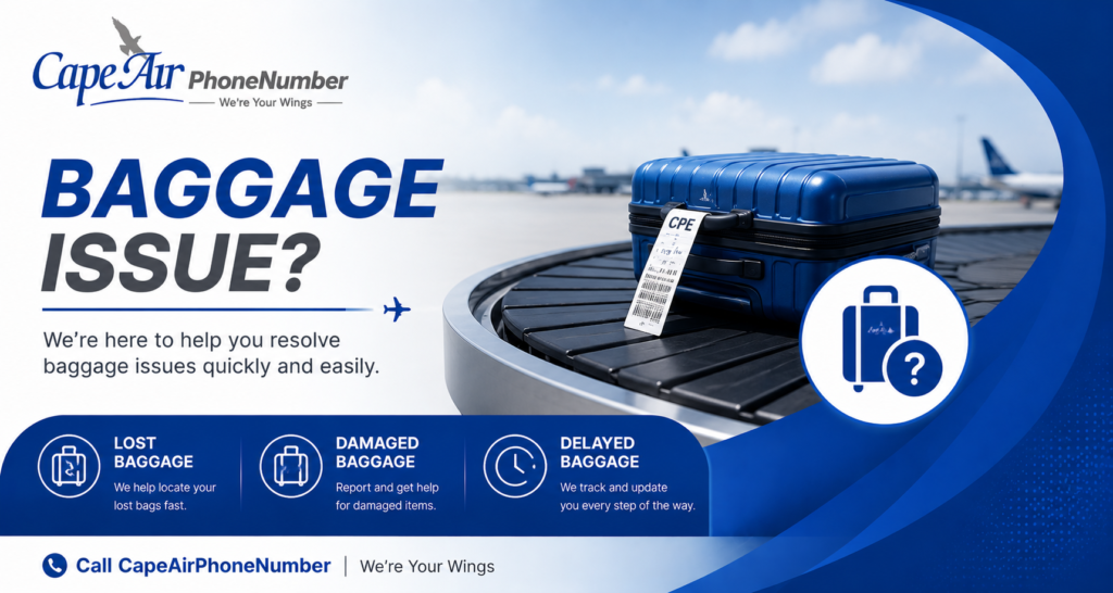 Cape Air Phone Number baggage issue support banner showing lost baggage, damaged luggage, delayed baggage assistance, and airline customer support services.
